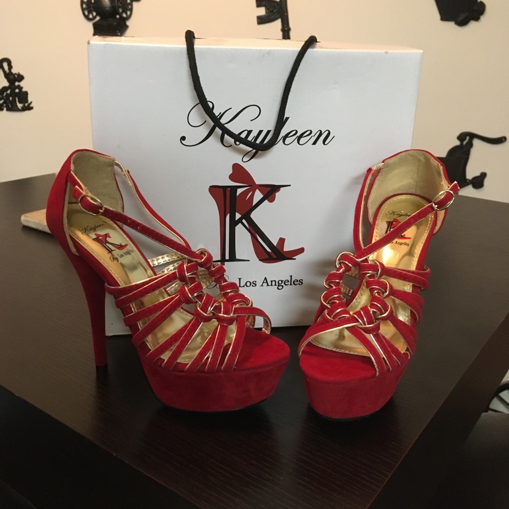 KAYLEEN By Los Angeles Deep Red Brandy-3 Velvety/Gold Trim Stilletos Sz 5 1/2